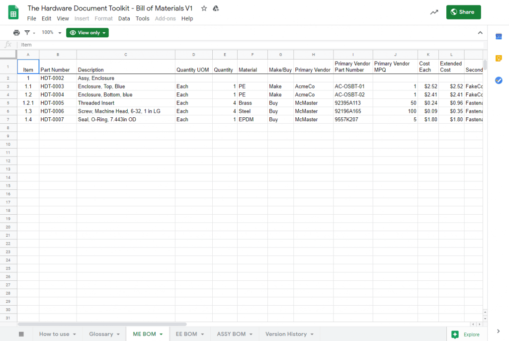 Vinyard Product Development x Bommer - CBOM Template